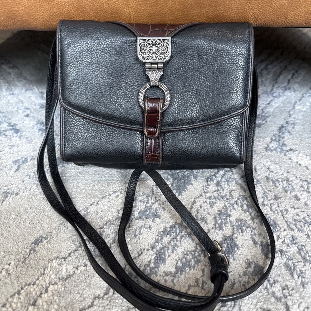 Brighton Nepal Organizer Black and Brown-pebble Leather Crossbody Bag X
